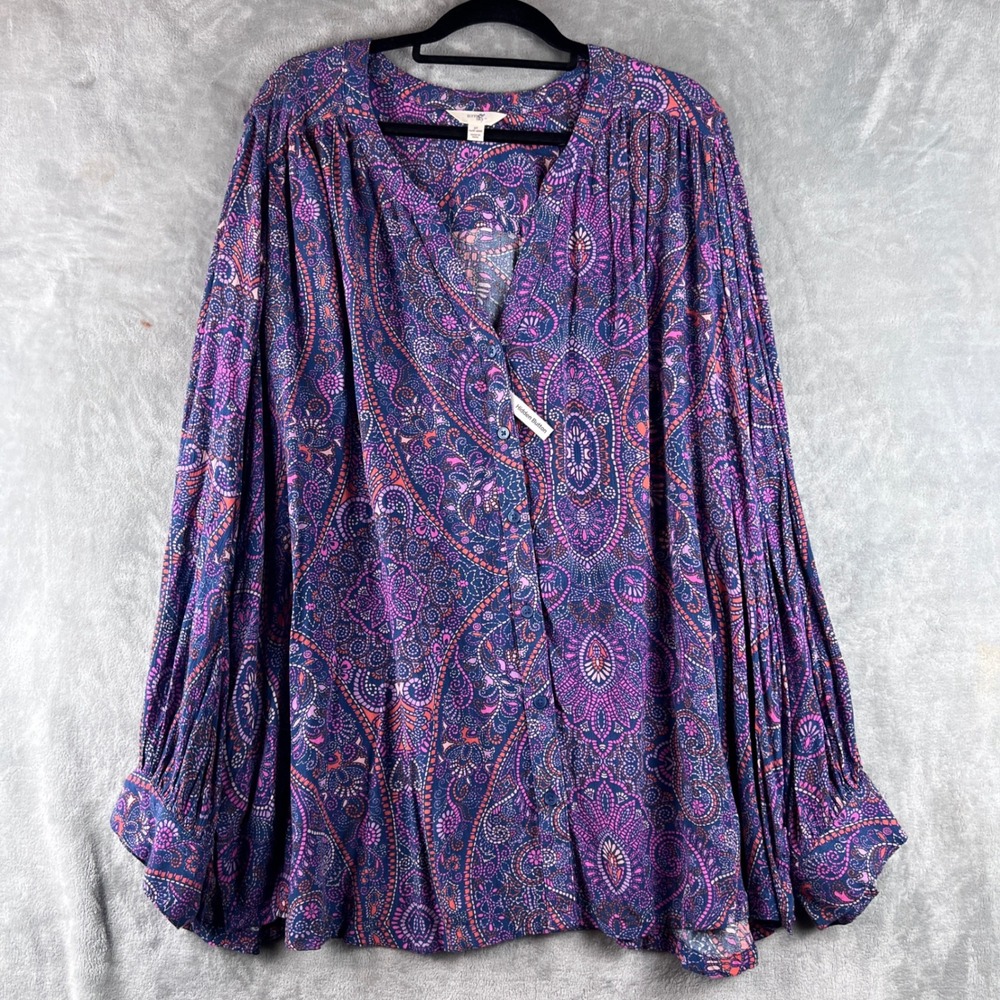 Terra & Sky Blouse Plus Size 3X Purple Paisley Hidden Button V-Neck Long Sleeve - Picture 4 of 10